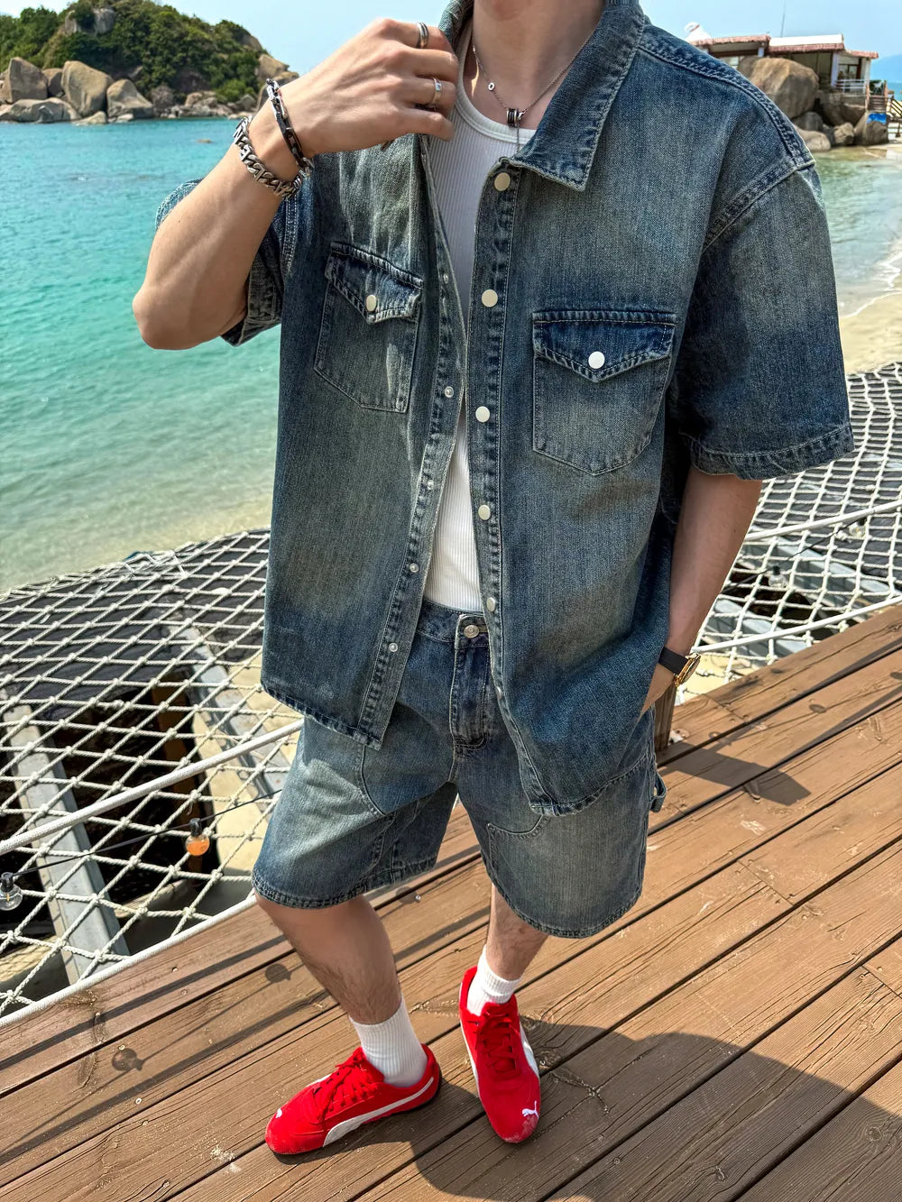 DBW Doublewin Vintage Washed Denim Shirt Set