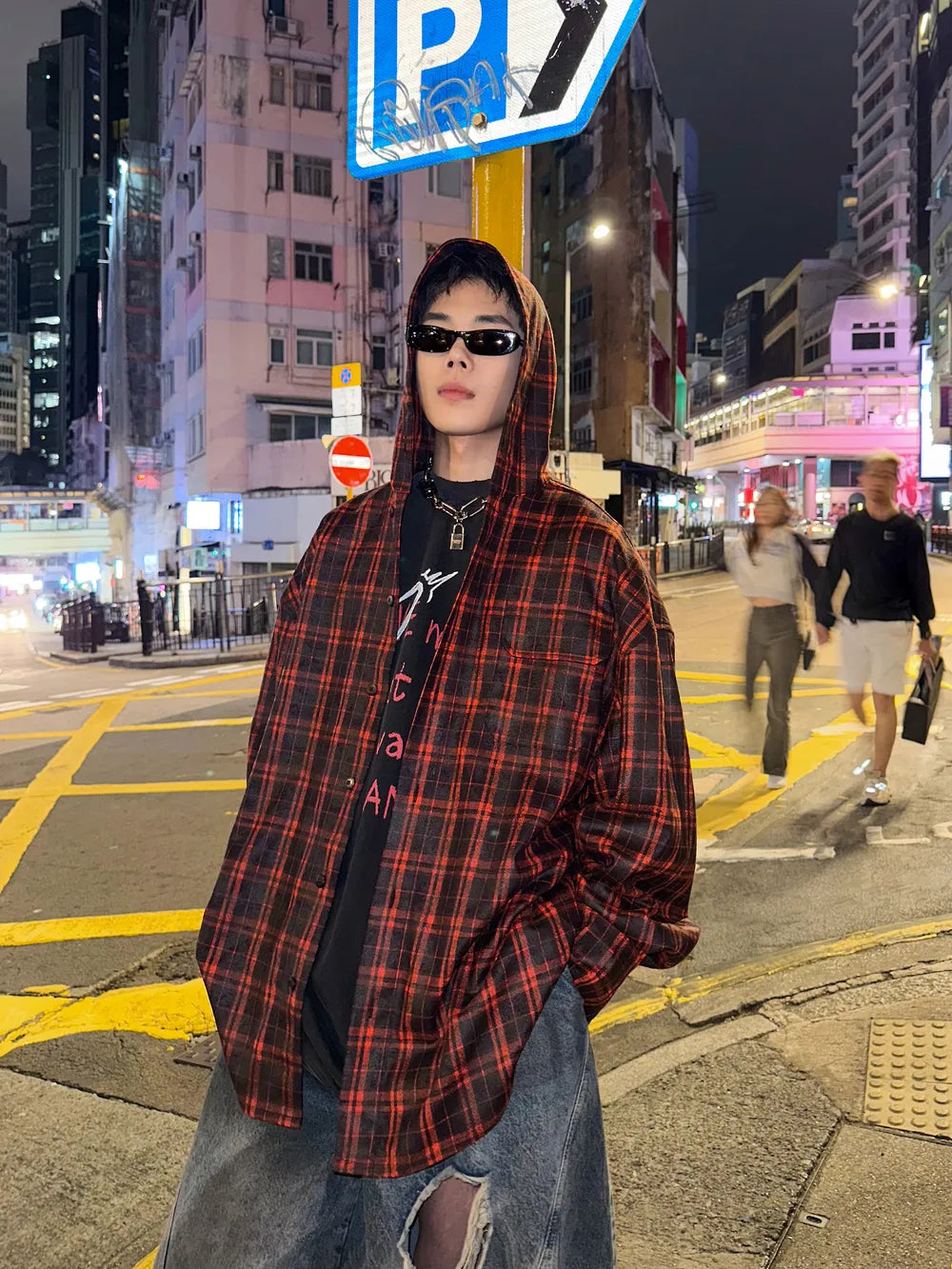 DBW Doublewin Red Black Check Hooded Shirt