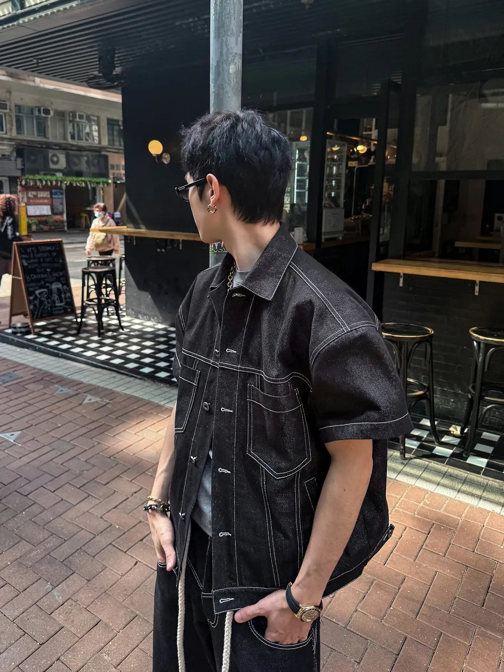 DBW Doublewin Black Raw Denim Topstitch Wide-Shoulder Set