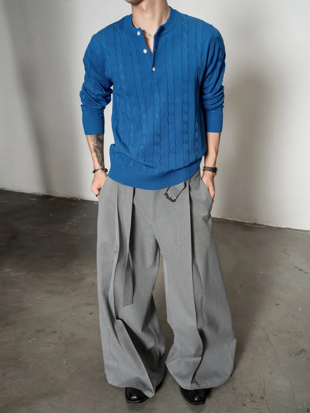 DBW Doublewin Chunky Cable Knit Henley Shirt