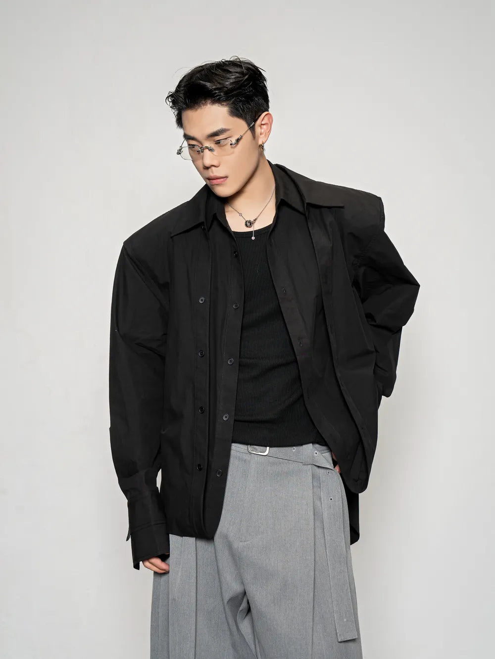 DBW Doublewin Deconstructed False Two-Layer Solid Long Sleeve Shirt