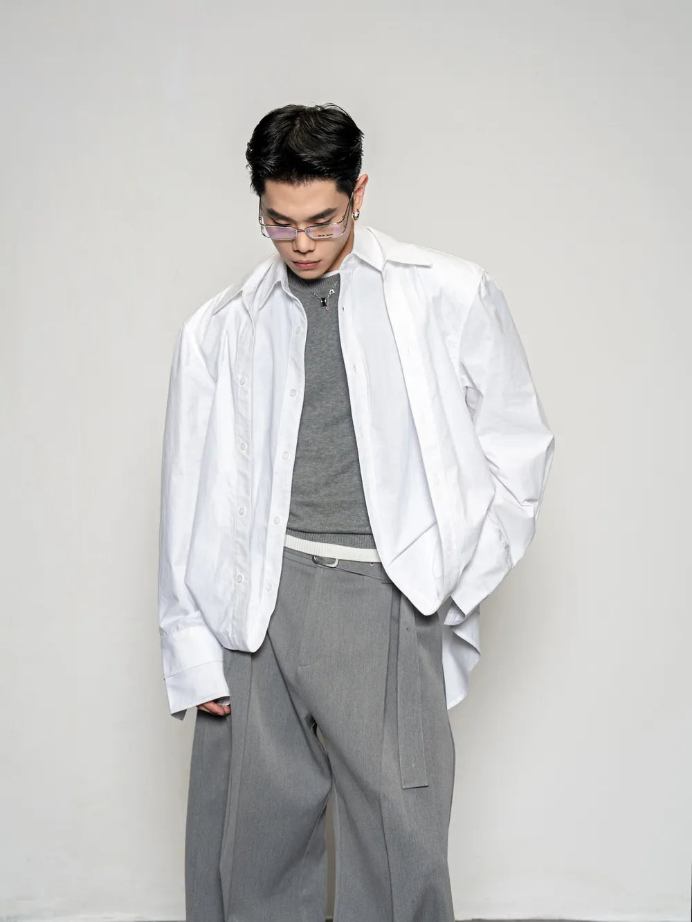 DBW Doublewin Deconstructed False Two-Layer Solid Long Sleeve Shirt