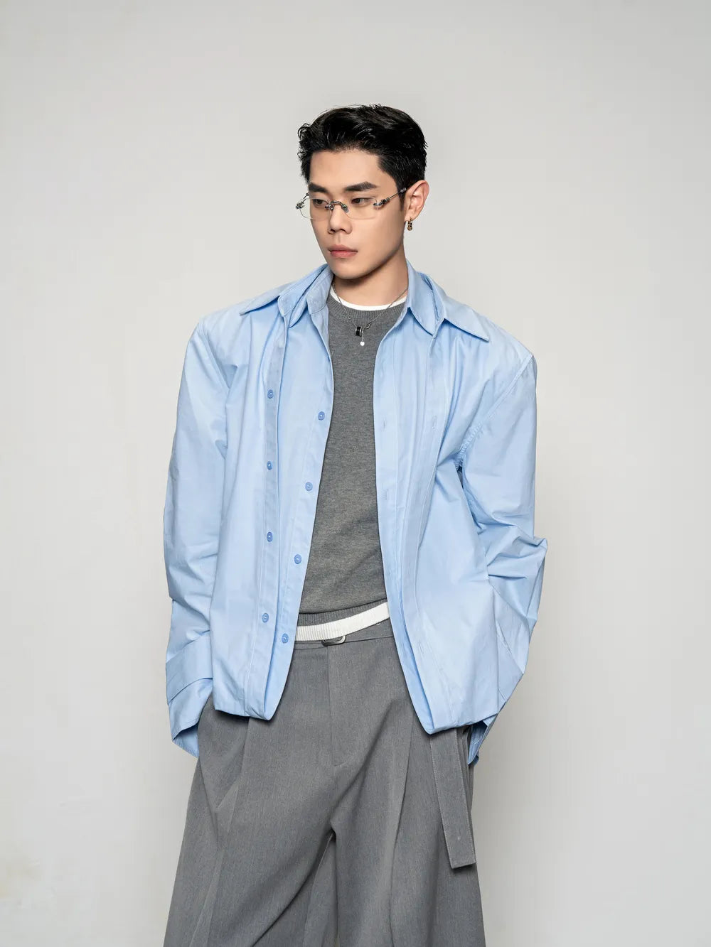 DBW Doublewin Deconstructed False Two-Layer Solid Long Sleeve Shirt