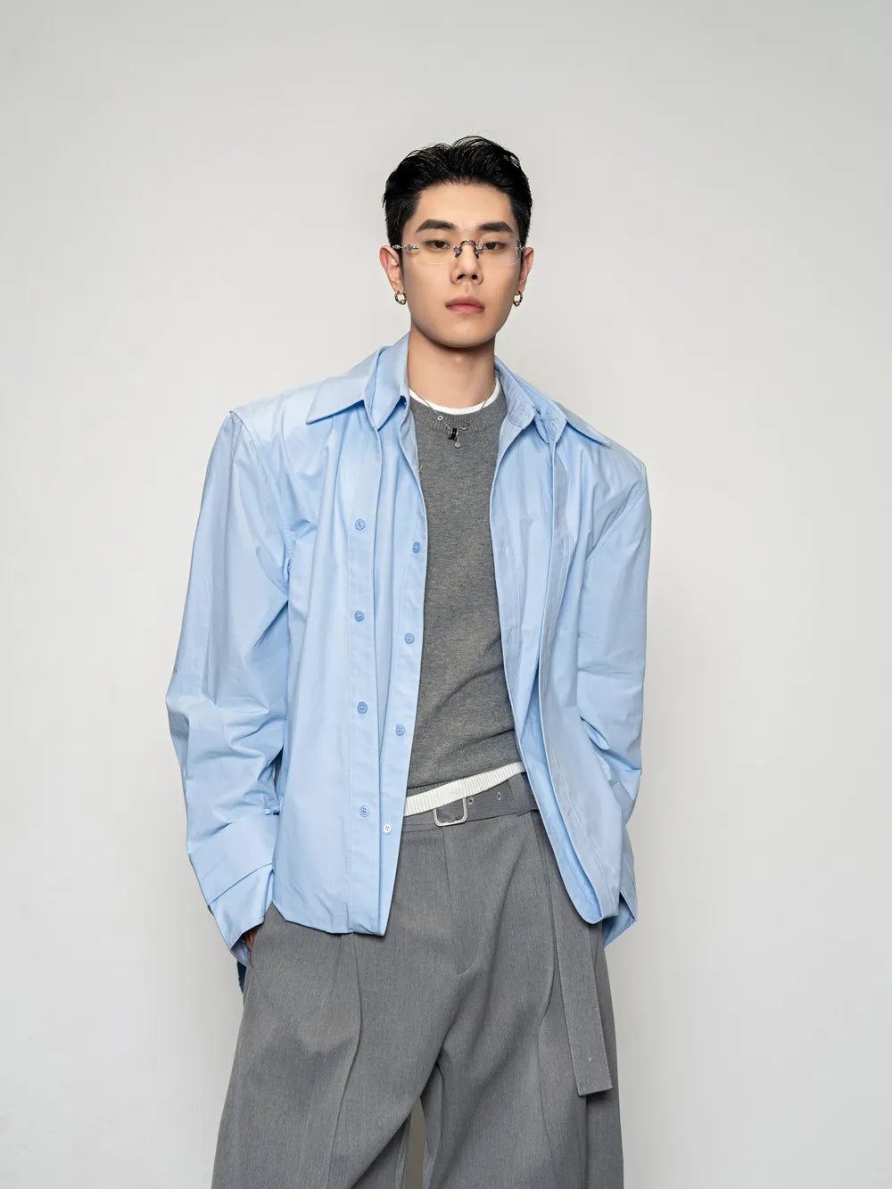 DBW Doublewin Deconstructed False Two-Layer Solid Long Sleeve Shirt