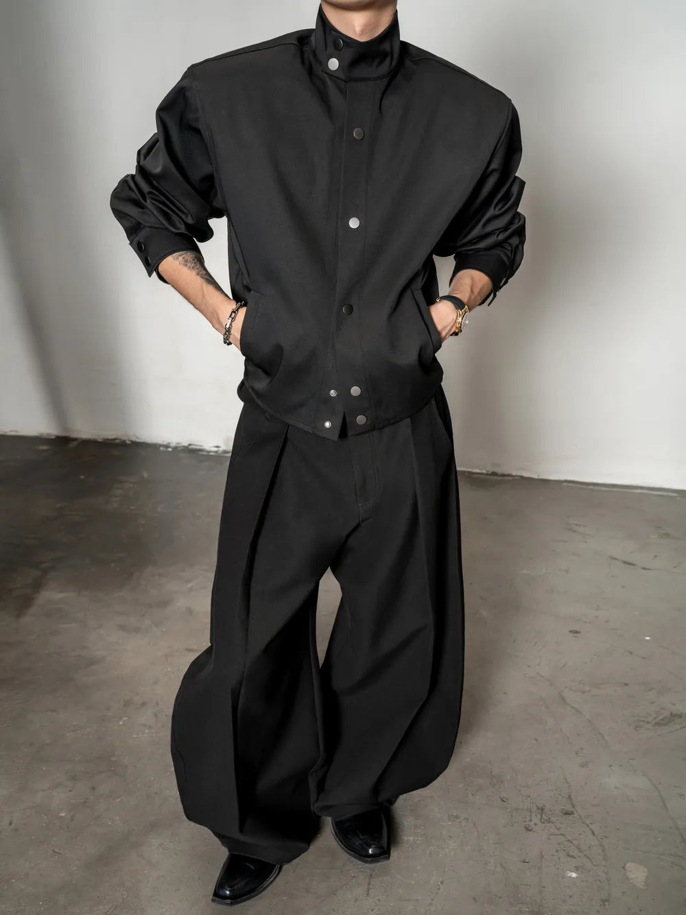 DBW Doublewin Cropped Waist-Defining Button-Up Stand Collar Shirt