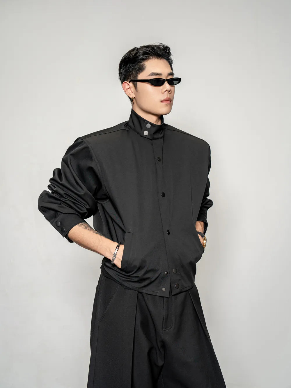 DBW Doublewin Cropped Waist-Defining Button-Up Stand Collar Shirt
