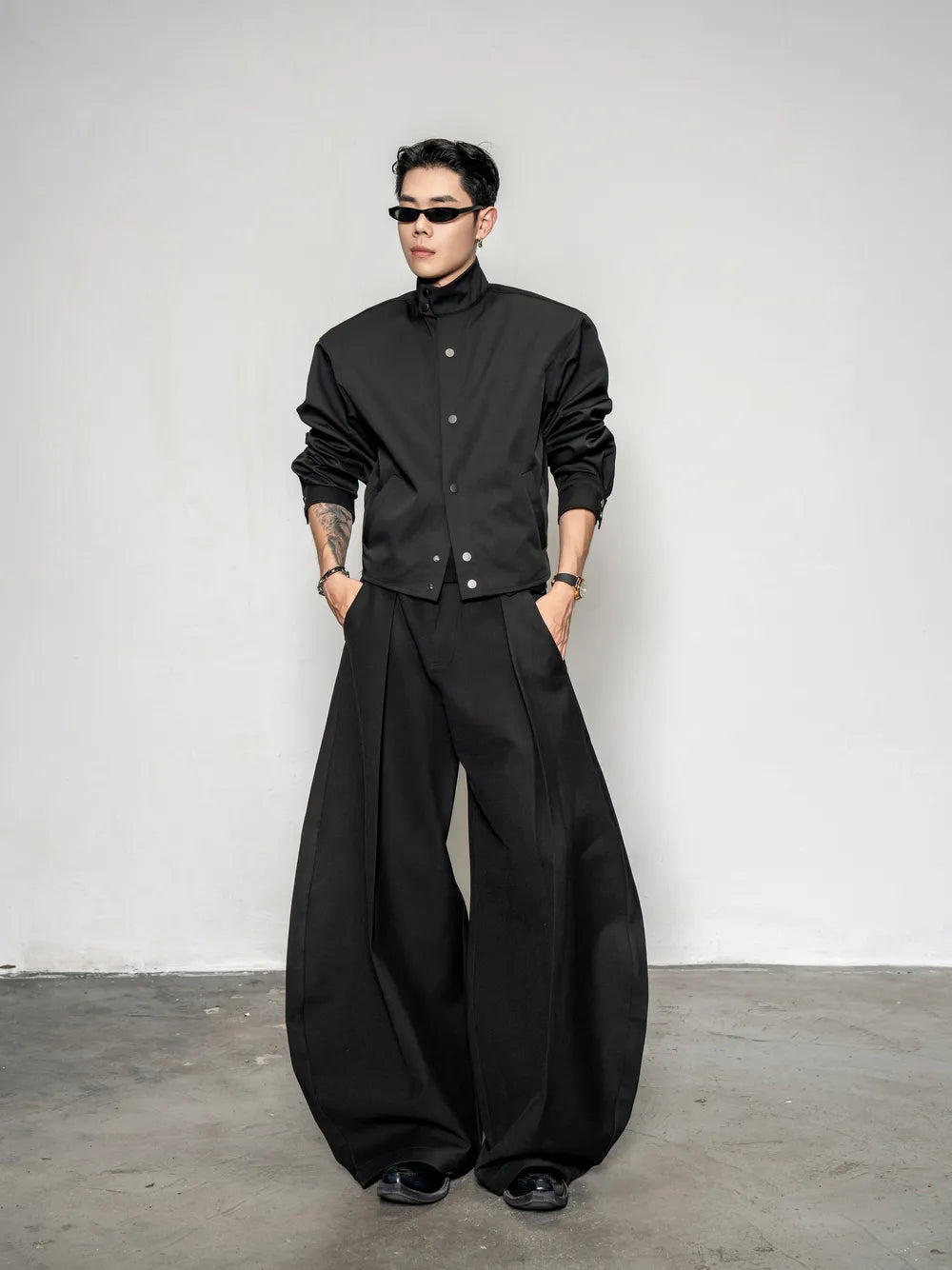 DBW Doublewin Cropped Waist-Defining Button-Up Stand Collar Shirt