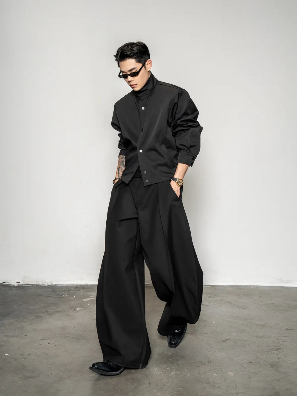 DBW Doublewin Cropped Waist-Defining Button-Up Stand Collar Shirt