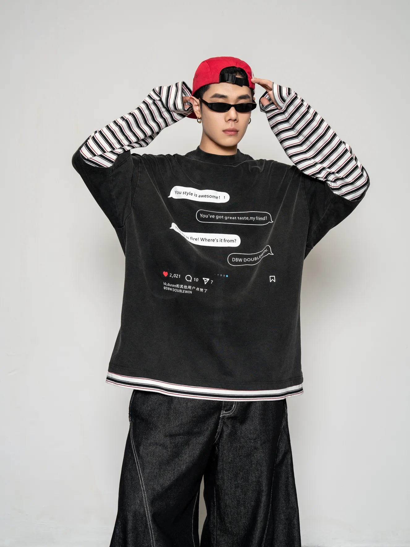 DBW Doublewin False Two-Layer Striped Long Sleeve Printed T-Shirt