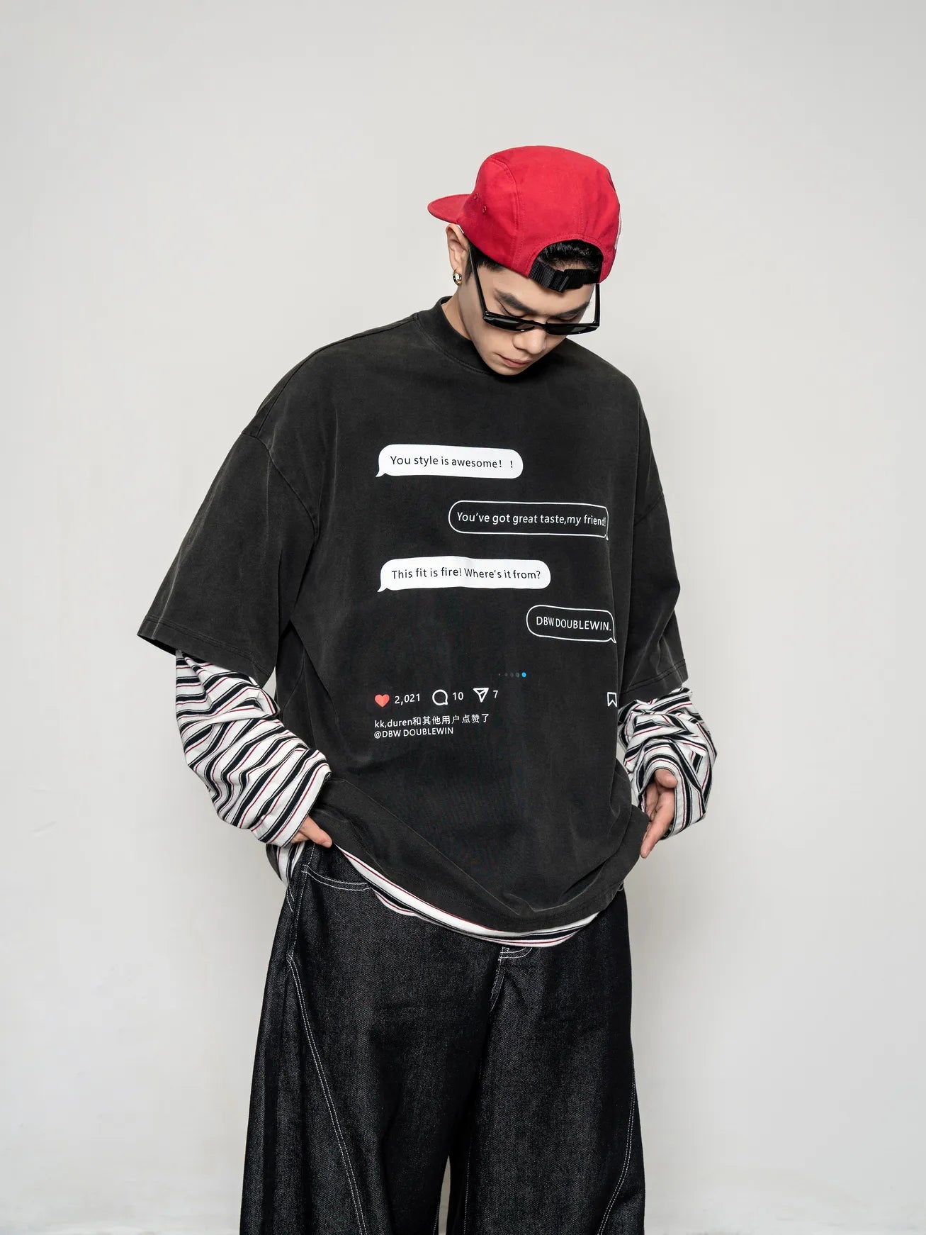 DBW Doublewin False Two-Layer Striped Long Sleeve Printed T-Shirt