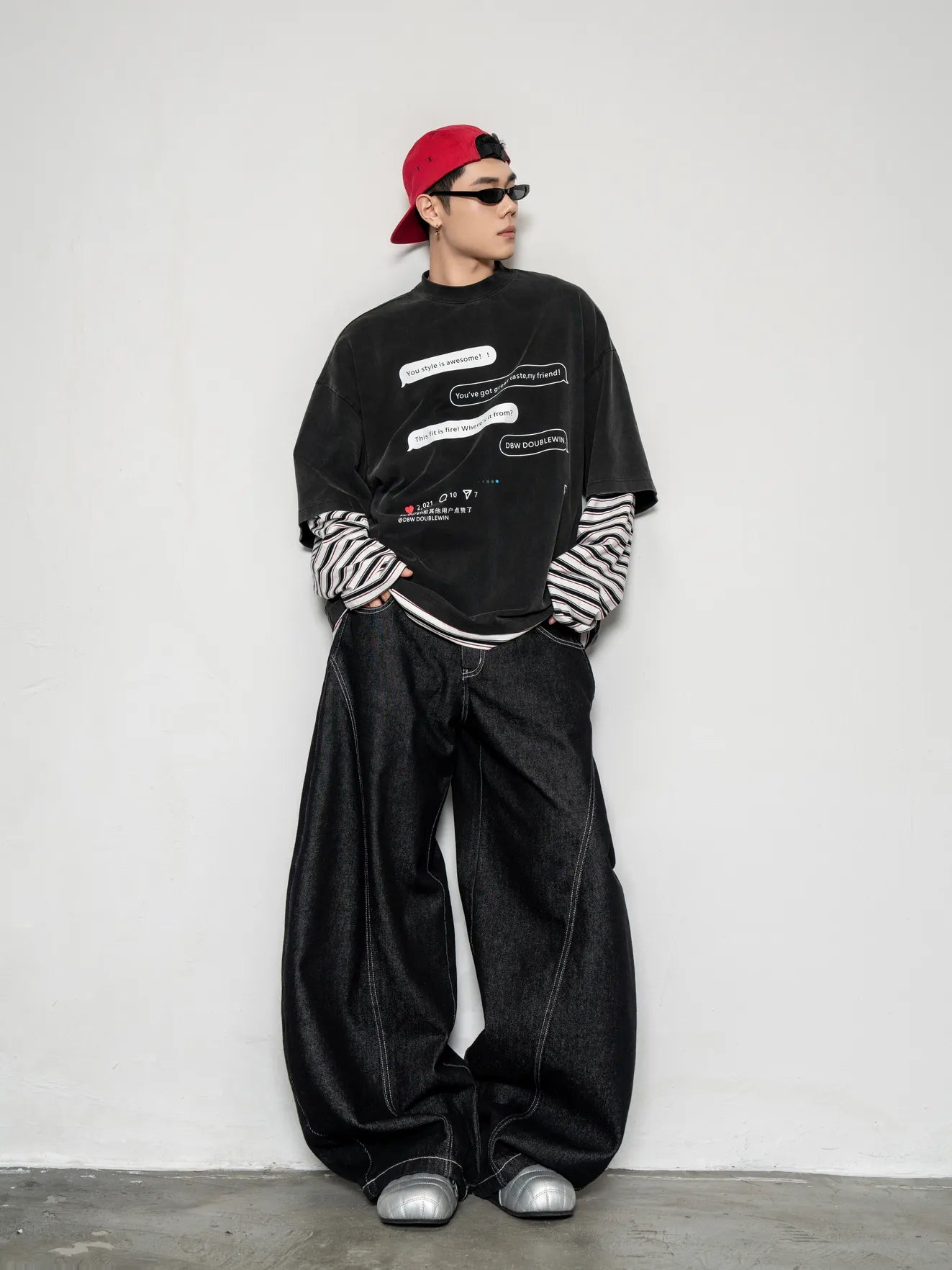 DBW Doublewin False Two-Layer Striped Long Sleeve Printed T-Shirt