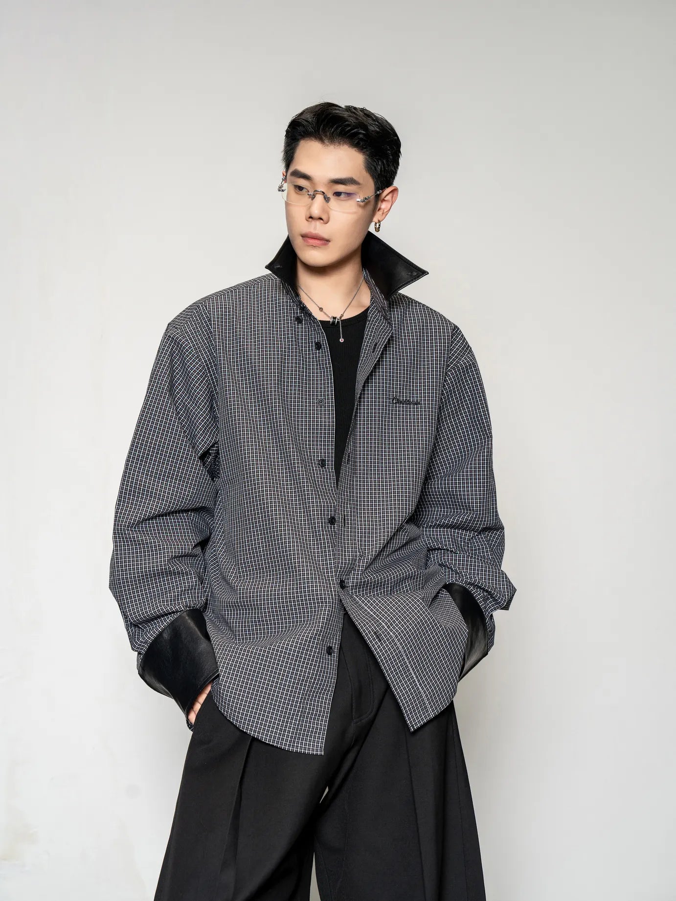 DBW Doublewin Plaid Deconstructed Leather-Paneled Shirt