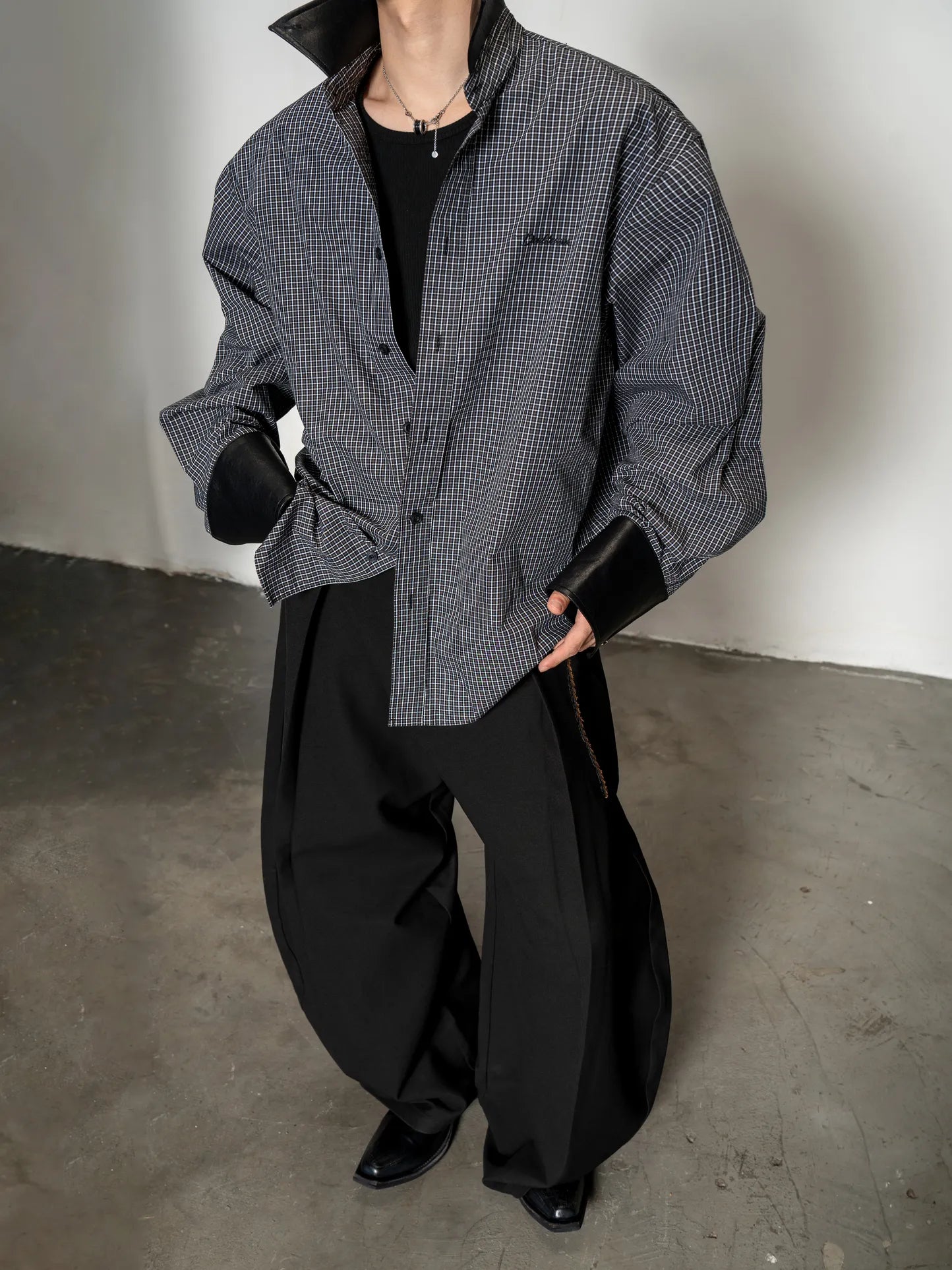 DBW Doublewin Plaid Deconstructed Leather-Paneled Shirt