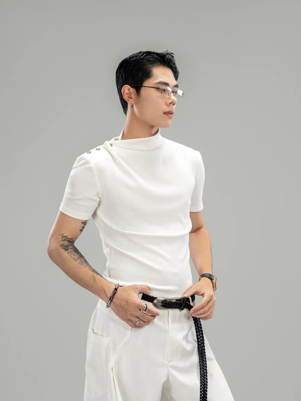 DBW Doublewin Asymmetric Draped Neck Fitted T-Shirt