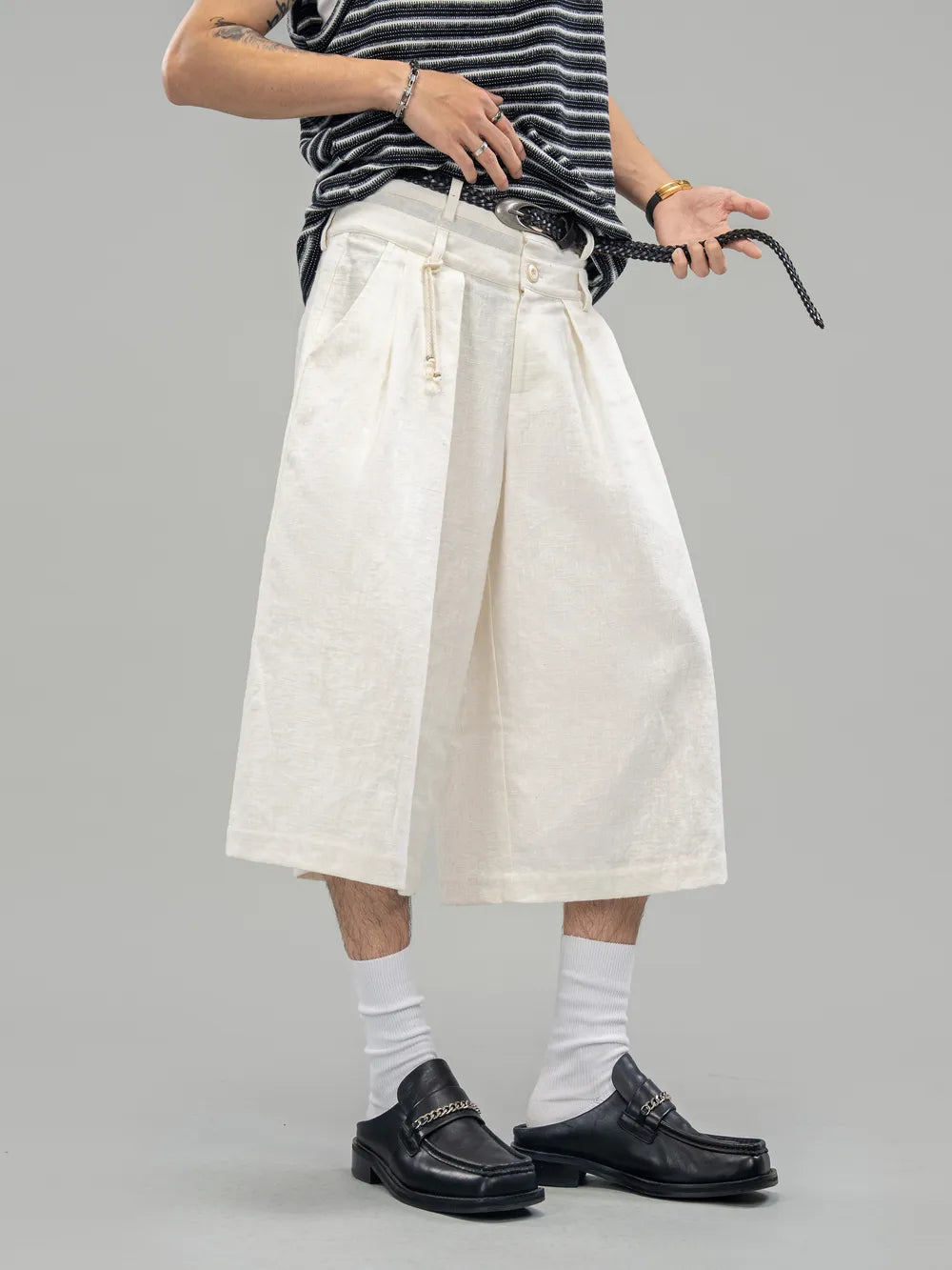 DBW Doublewin False Two-Layer Dual Waistband Linen Blend 7/8 Pants