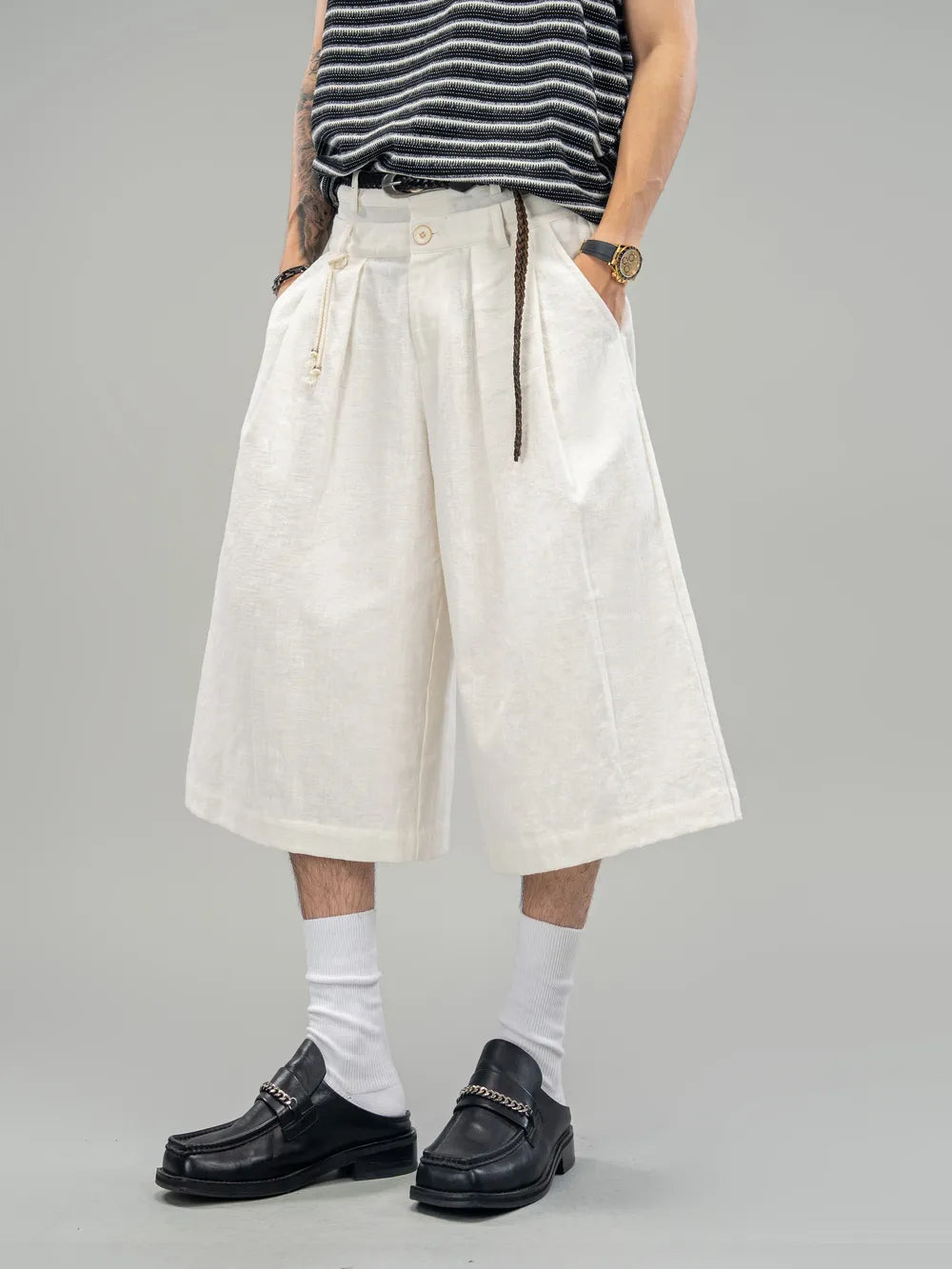DBW Doublewin False Two-Layer Dual Waistband Linen Blend 7/8 Pants