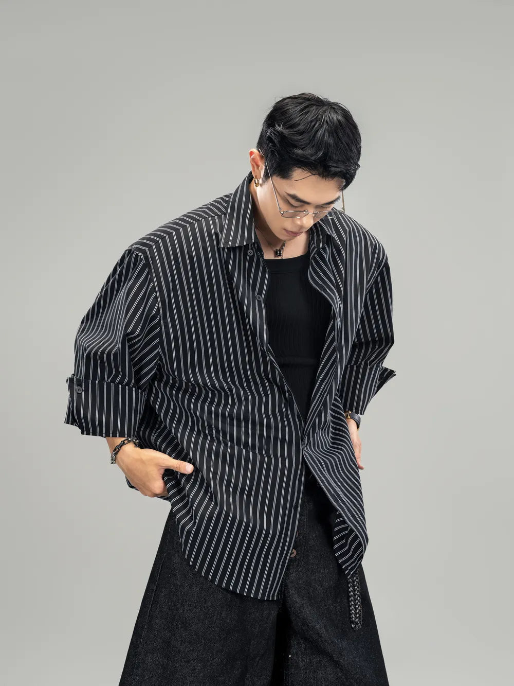 DBW Doublewin 3/4 Sleeve Relaxed Fit Black White Striped Shirt