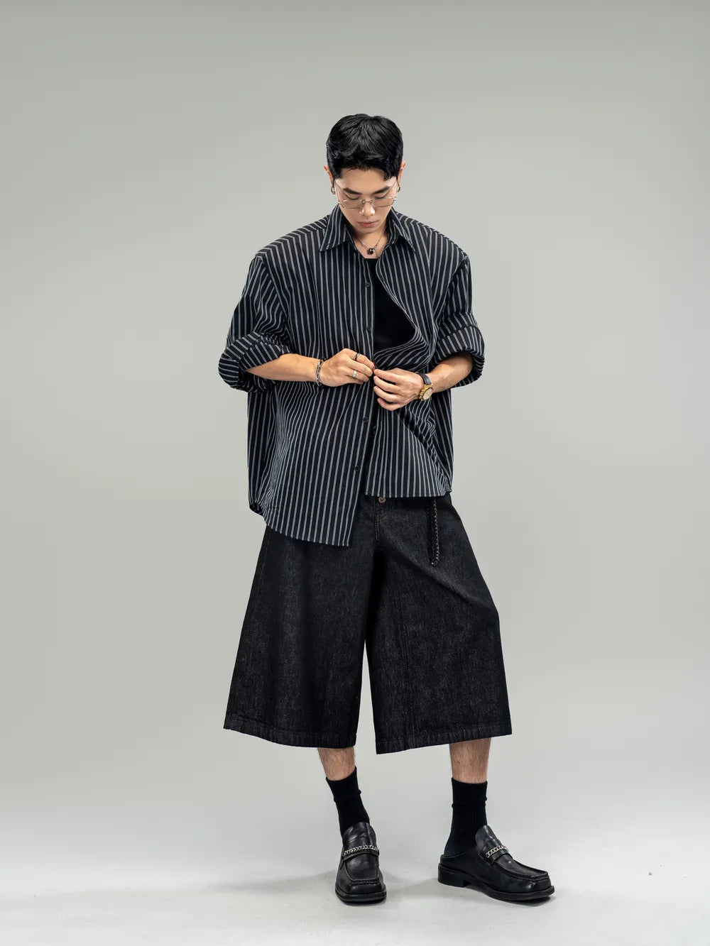 DBW Doublewin 3/4 Sleeve Relaxed Fit Black White Striped Shirt