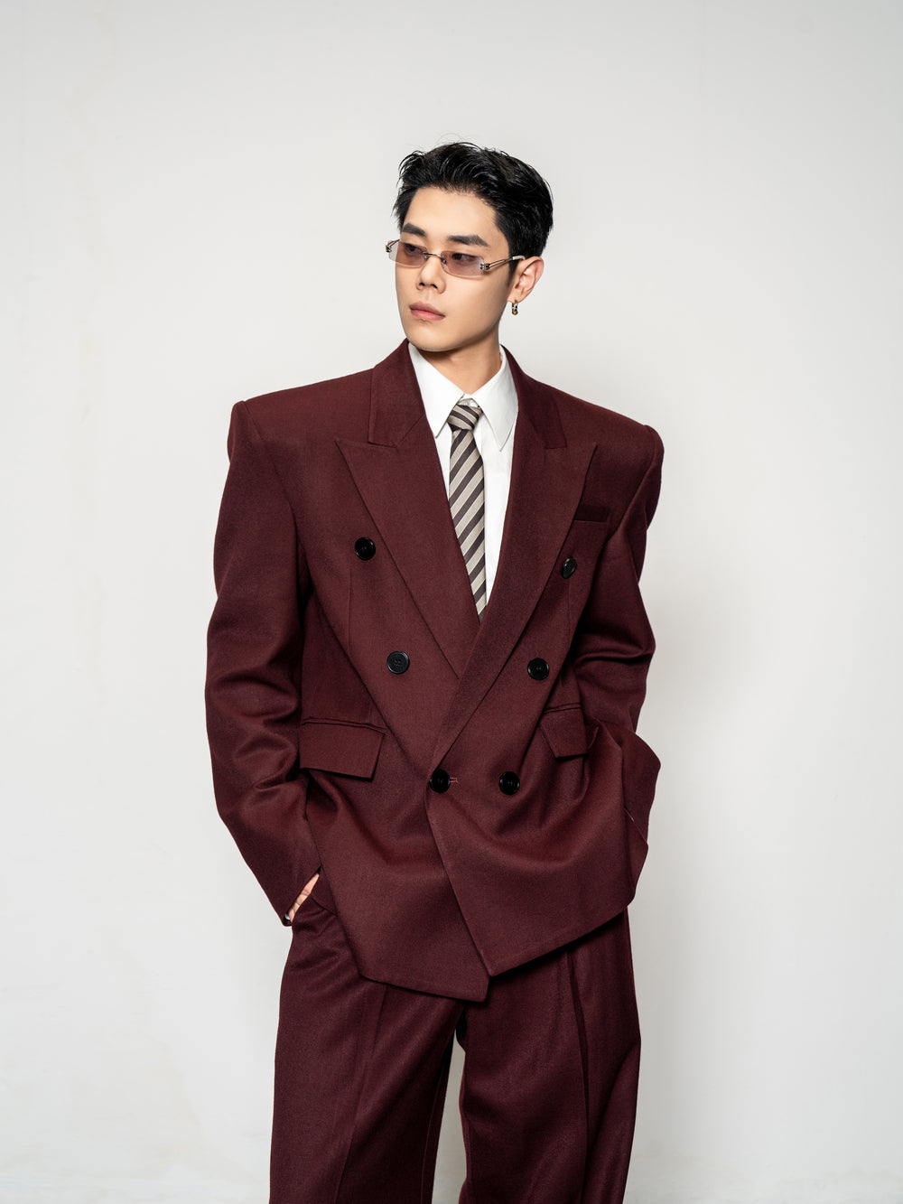DBW Doublewin Burgundy Wide-Shoulder Peaked Lapel Suit Set