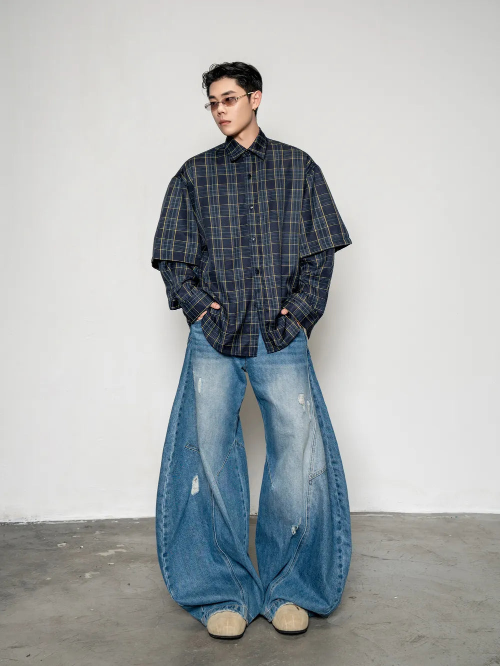 DBW Doublewin Plaid Patchwork False Two-Layer Shirt
