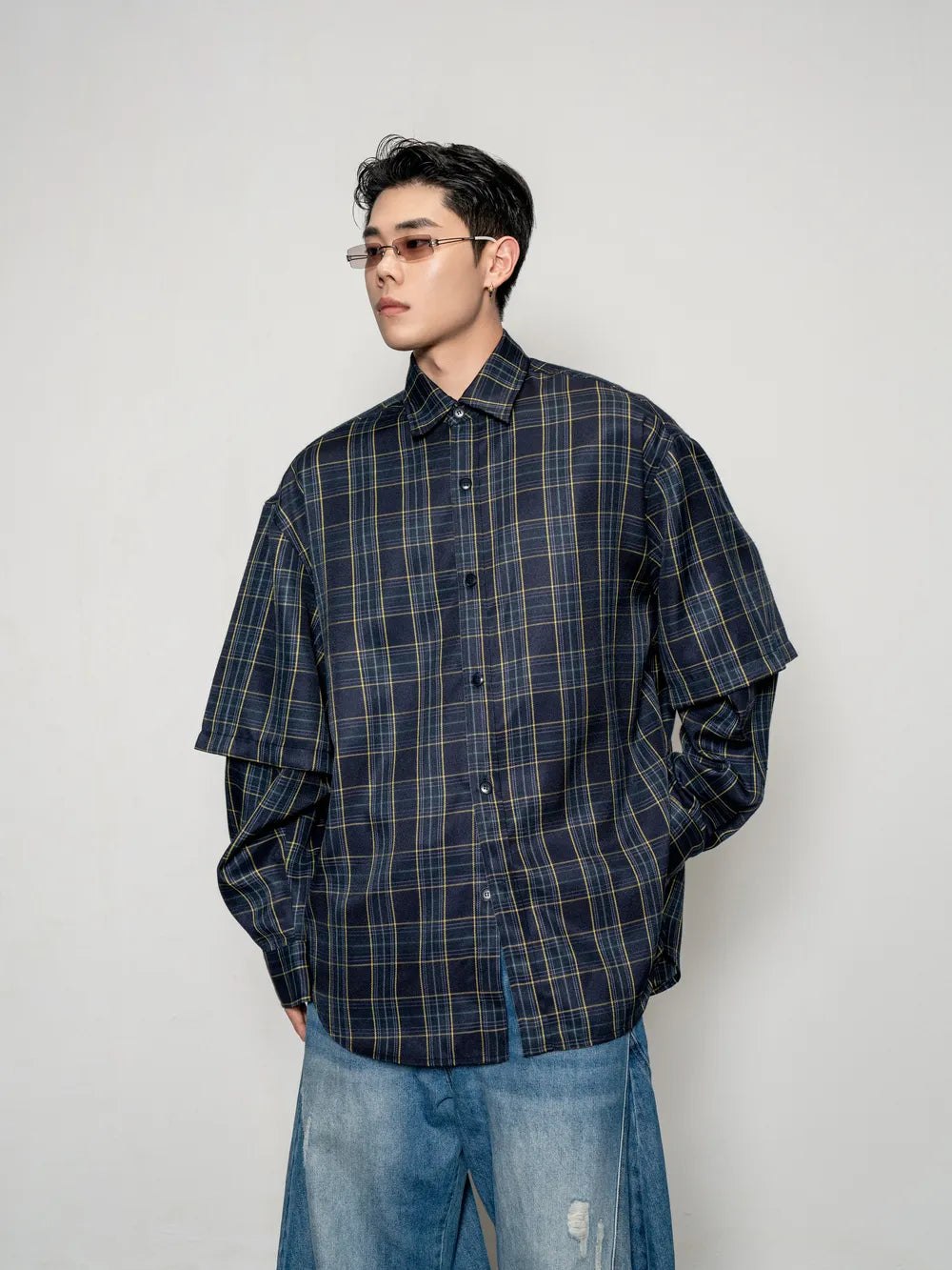 DBW Doublewin Plaid Patchwork False Two-Layer Shirt