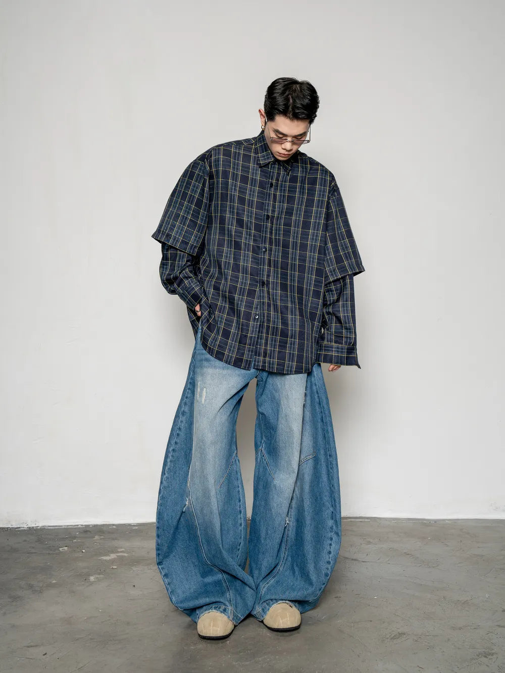 DBW Doublewin Plaid Patchwork False Two-Layer Shirt