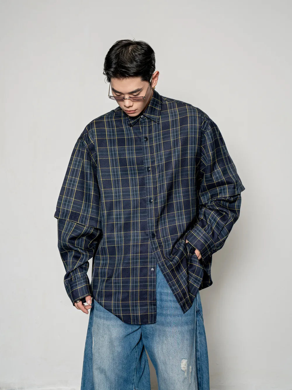 DBW Doublewin Plaid Patchwork False Two-Layer Shirt