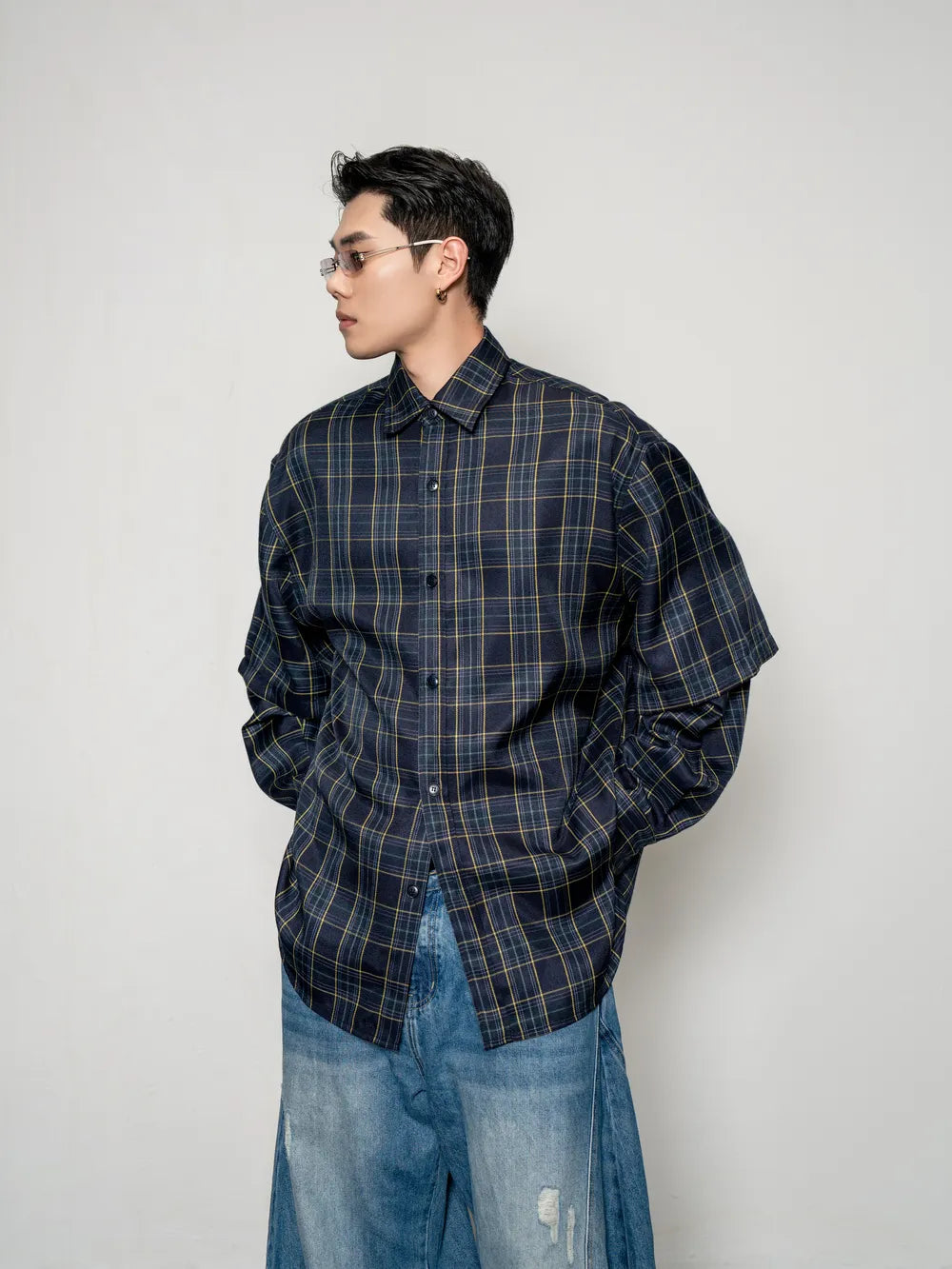 DBW Doublewin Plaid Patchwork False Two-Layer Shirt