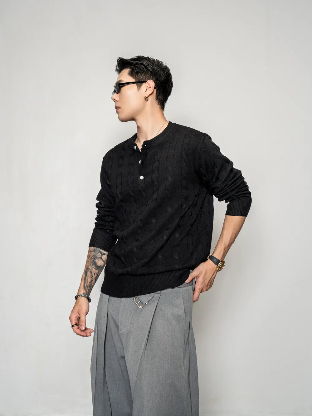 DBW Doublewin Chunky Cable Knit Henley Shirt
