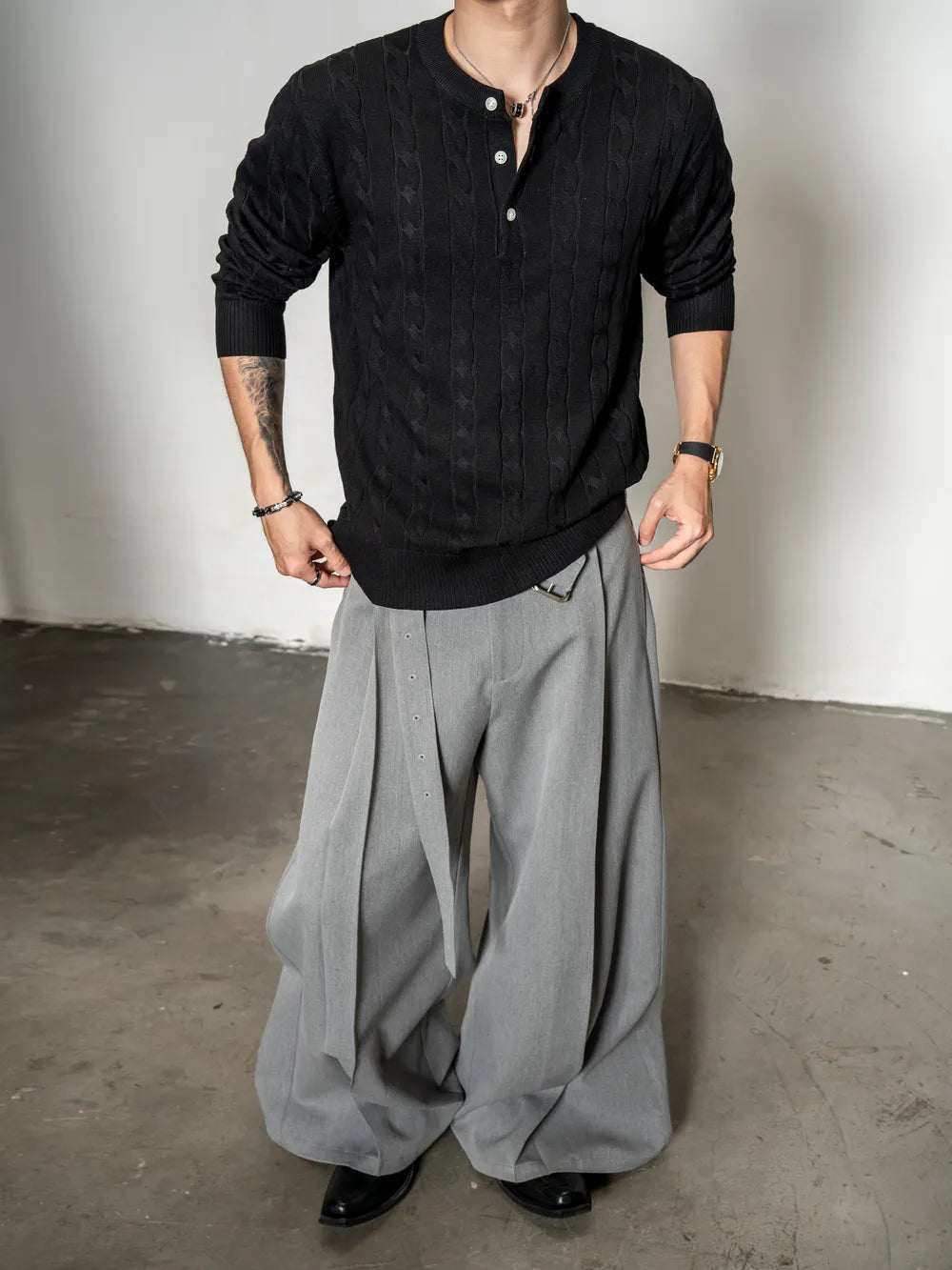 DBW Doublewin Chunky Cable Knit Henley Shirt