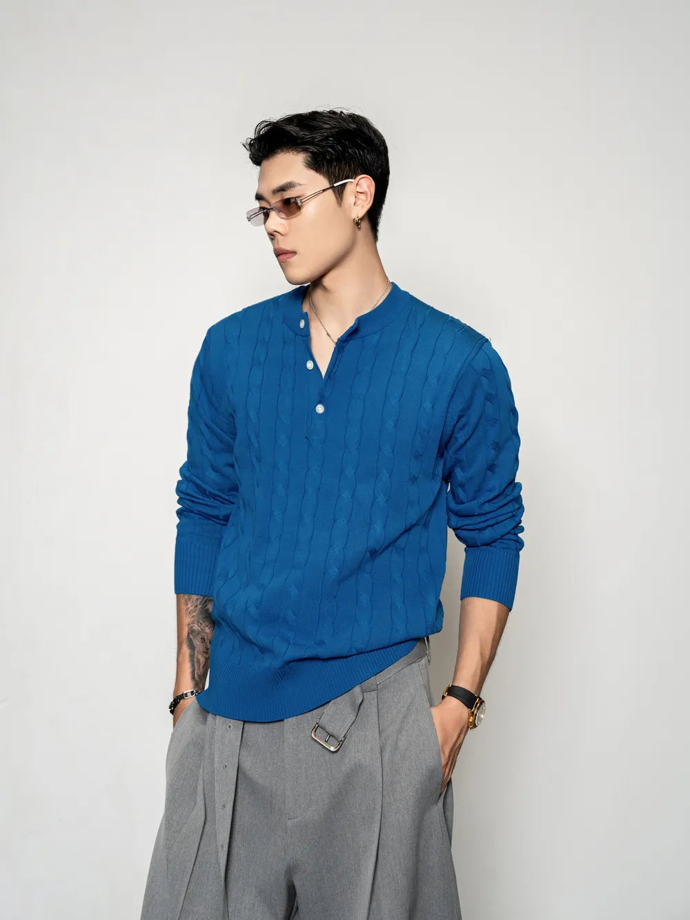 DBW Doublewin Chunky Cable Knit Henley Shirt